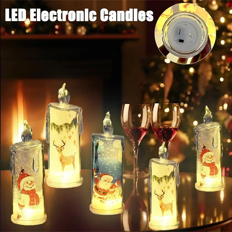 1-10PCS LED Simulation Flameless Candle Transparent Built in Printed Electronic Candle for Christmas Ambient Lighting Decor