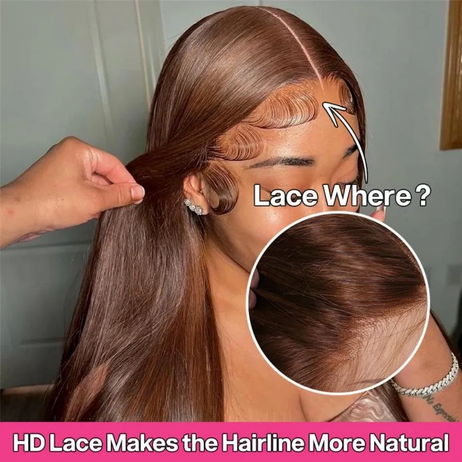 30 Inch Chocolate Brown Straight Human Hair Wigs 13X6 Hd Transparent Lace Frontal Wigs Pre Plucked Colored Brazilian 230 Density
