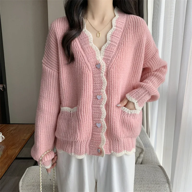 

Hsa sweater for women winter ladies cardigan V neck ruffles Pink White Kawaii Cute Knitted Jackets Loose Korean Button Tops