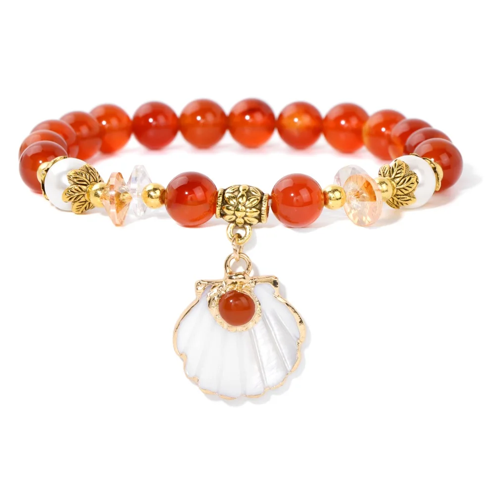 

Shell Pendent Bracelet Red Agates Stone Pearl Bead Bracelet Natural Quartzs Stretch Bangle Reiki Jewelry Gift For Women Girls
