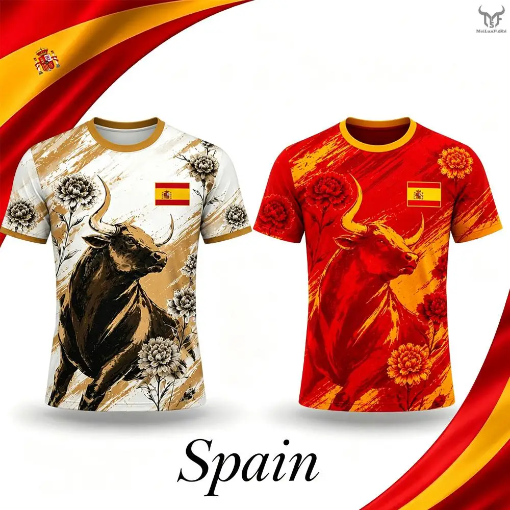 Spanien-Flaggen-Print Trikot T-Shirt 2026 Neues Atmungsaktives und Schnelltrocknendes Fußball-Trainingsoutfit Sommer Unisex Freizeit-Oberteil