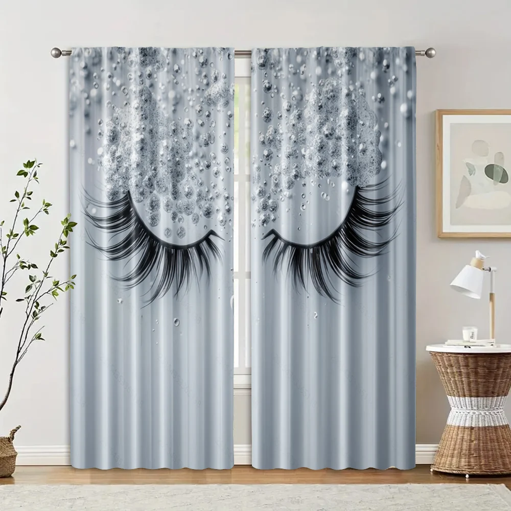 2pcs, Curtain Fabric 2D print Gray eyelashes Machine Washable Fabric (without rod) All Seasons Perfect for Living Room, Bedroom, 2