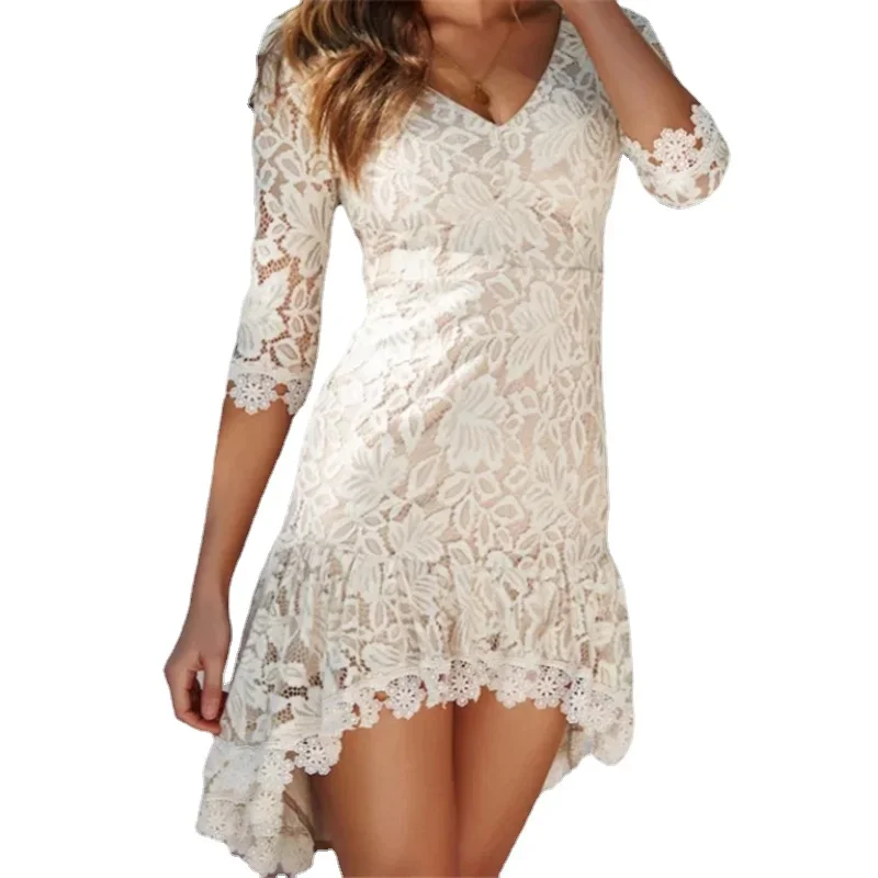 

Women's Lace Floral Ruffle Layered Mini Dress V-neck Half Sleeve Irregular Hem Dresses for Evening Party Bridesmaids