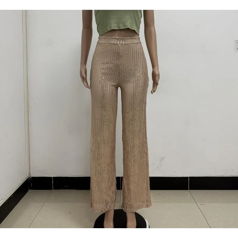 Sequin Loose Wide Leg Pants Women 2023 Autumn Fashion High Waist Soild Color High Strecth Casual Trousers Party Club Streetwear
