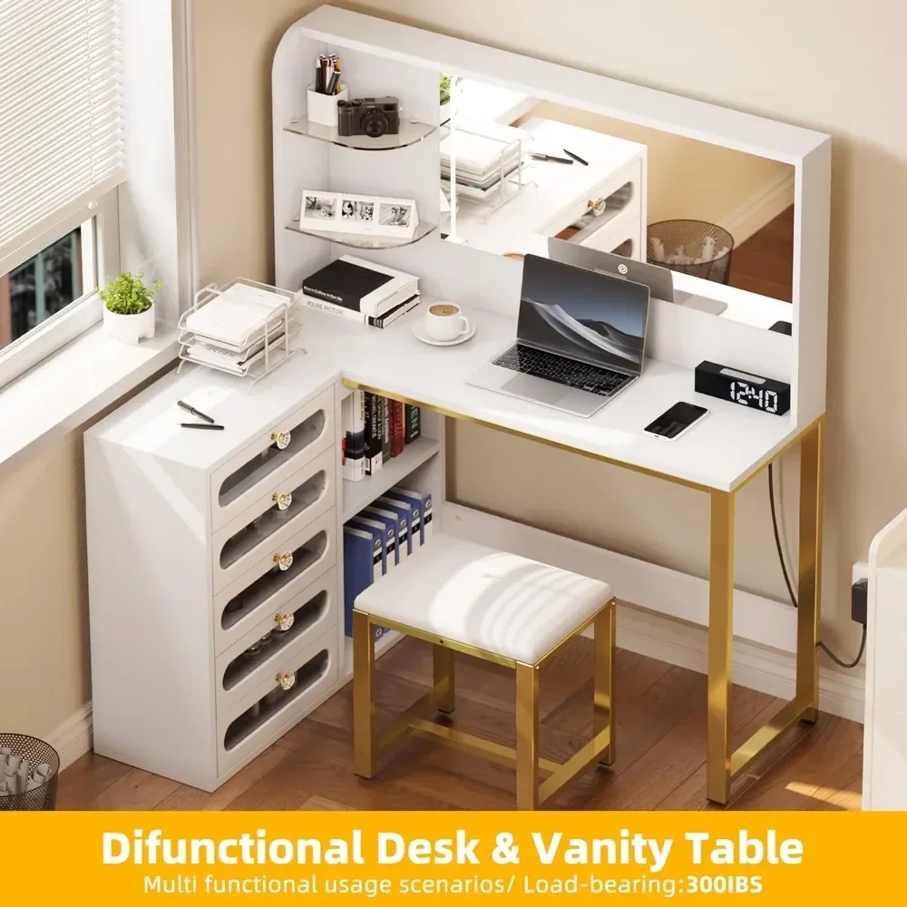 48" Large Dressing Table with 5 Tempered Glass Drawers Vanity Desk Set- L Makeup Vanity with Mirror and Lights 3 Lighting Modes 4
