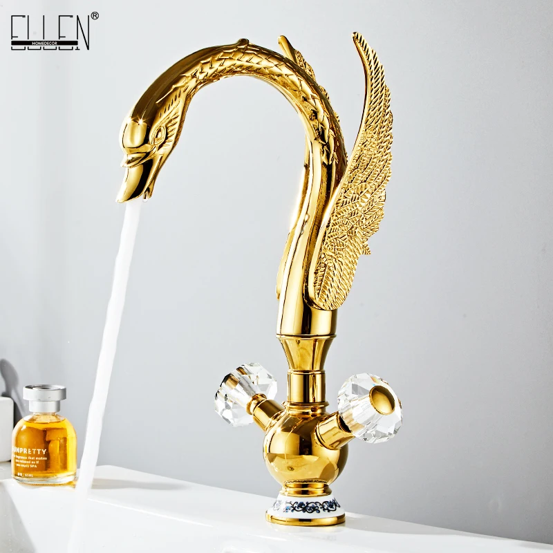 

ELLEN Swan Tall Bathroom Basin Sink Faucet Hot Cold Water Mixer Crane Black Gold Deck Mounted Chrome Water Taps EL1331-H