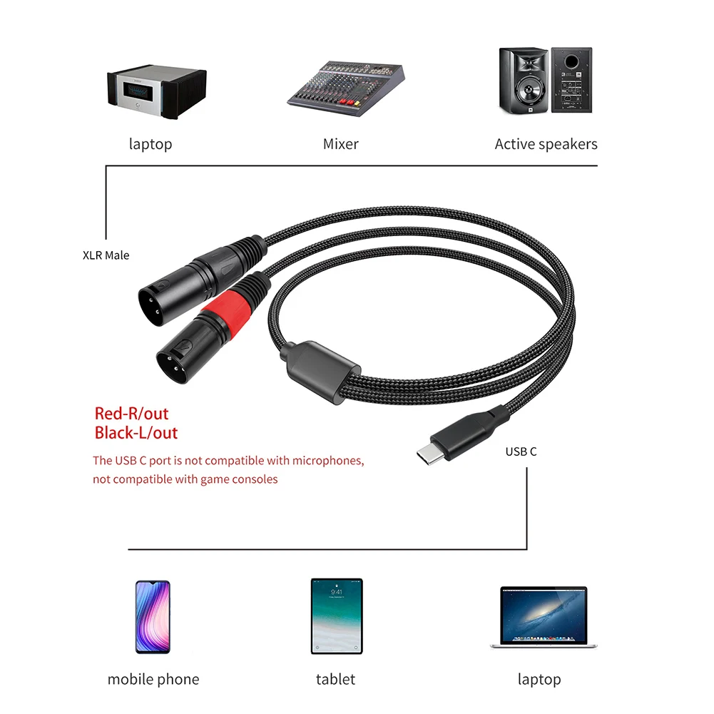 Type C To Dual XLR Male Aux Audio Cable Built in DAC Chipset