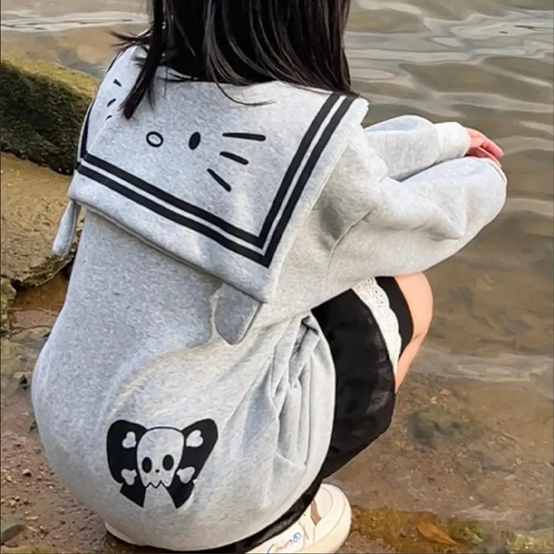 헬로 키티 네이비 칼라 지퍼 재킷, 산리오 소녀 애니메이션 카와이 가디건, 면 후디, 가을 코트, 일본 루즈 캐주얼, 귀여운