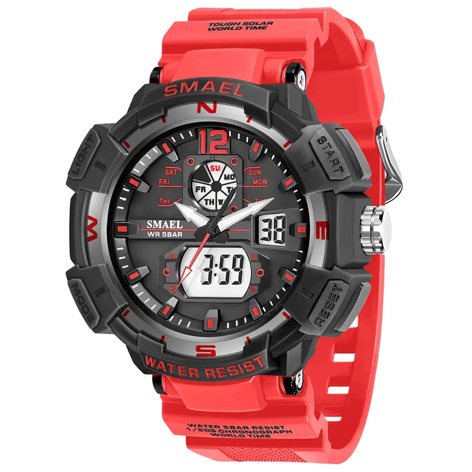 Orologio Sportivo Uomo Analogico-Digitale Militare - Impermeabile 50m, Cronometro, Doppio Fuso, LED, Allarme, Cinturino Rosso