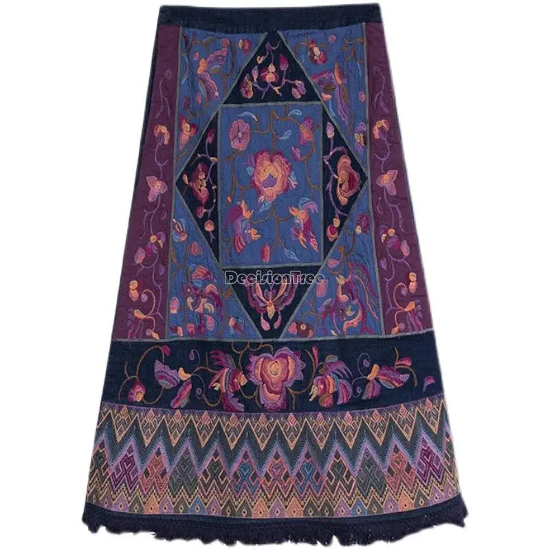 2023 summer autumn Chinese style women vintage harajuku hanfu skirt cotton linen heavy embroidered A-line skirt travel skirt