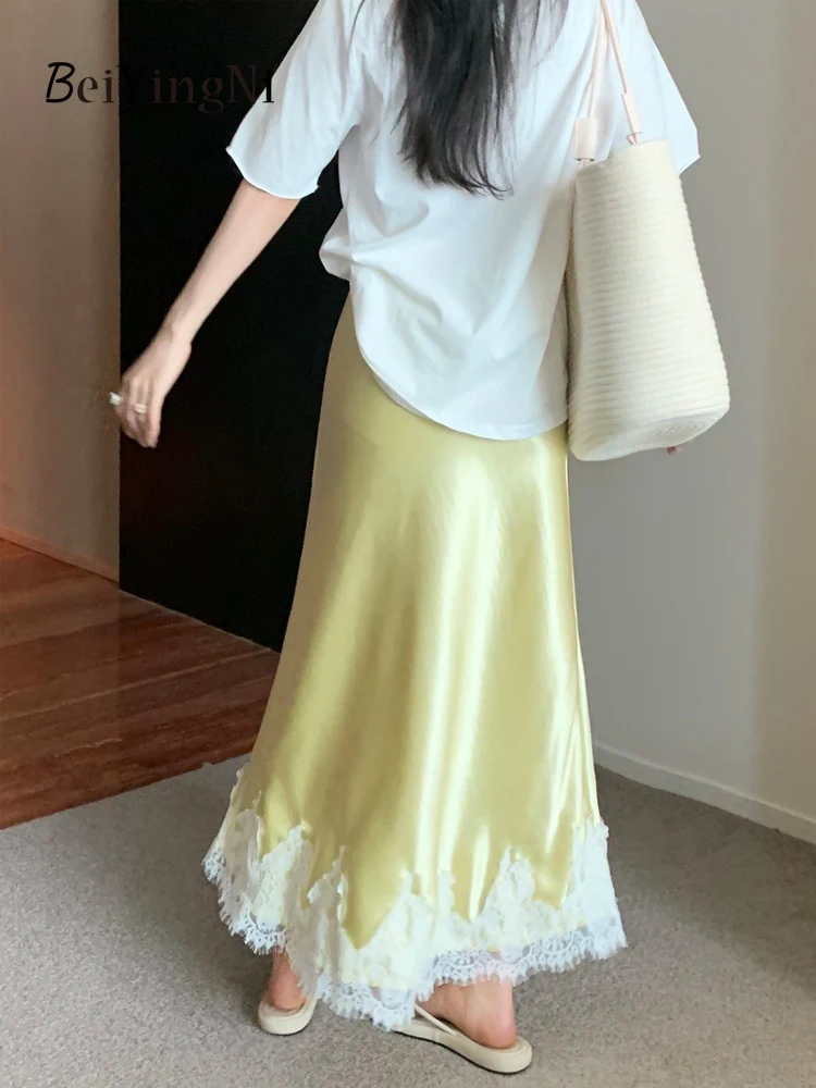 Beiyingni Elegant Long Skirts for Women 2025 Summer High Waist Lace Satin Trumpet Skirt Woman Luxury Slim Korean Fashion Skirts 6