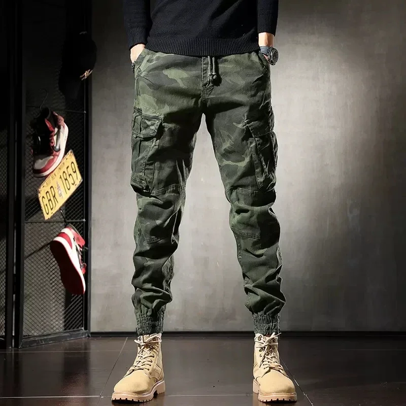 

Autumn Camouflage Cargo Pants Men Tactical Casual Grey Cotton Pencil Pants Streetwear Multiple Pockets Drawstring Trousers