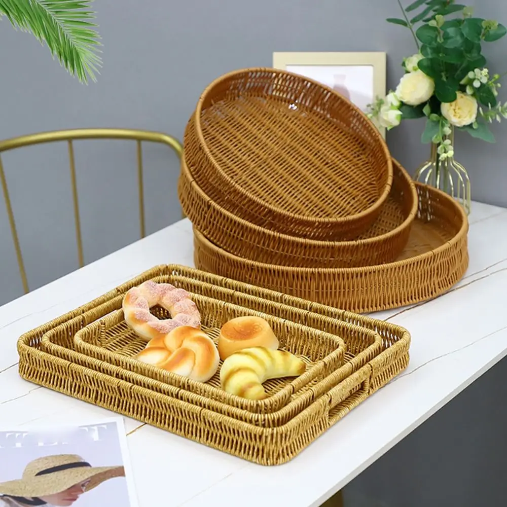 Food Plate Handwoven Plastic Rattan Storage Tray Round Shape Fruit Vegetable Cake Imitation Wicker Rattan Threads Basket