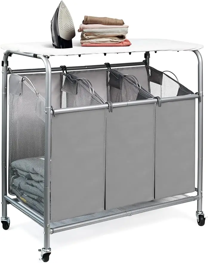 3-bags-laundry-sorter-cart-heavy-duty-rolling-laundry-hamper-sorter-with-ironing-board-grey