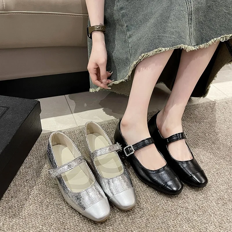 Square Toe Thick Heels Silver Single Shoes Women's Shallow Mouth  Summer New Small Fragrant Style One Button Women's Shoes