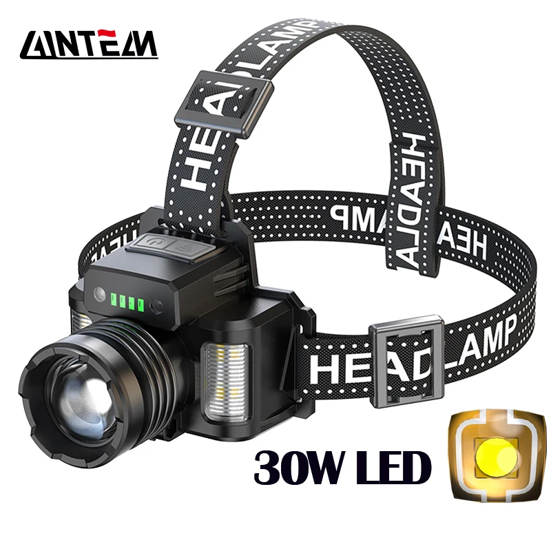 High power 30w long range 1000m led headlamp built in type c
