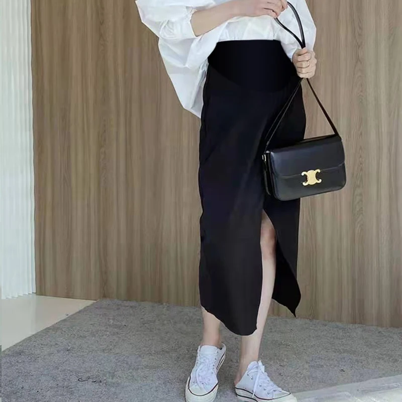

Front Split Irregular Maternity Belly Skirts Fashion High Waist Pregnant Woman Black Skirts Korean Style Pregnancy Clothes Loose