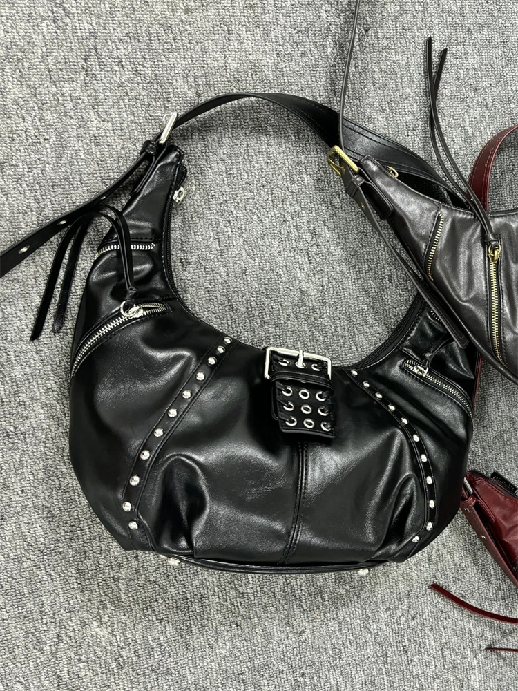 Brand Retro Motorcycle Bag 2025 New Wax Leather Cool Croissant Bag Rivet Zipper Design Shoulder Crossbody Dumpling Armpit Bags