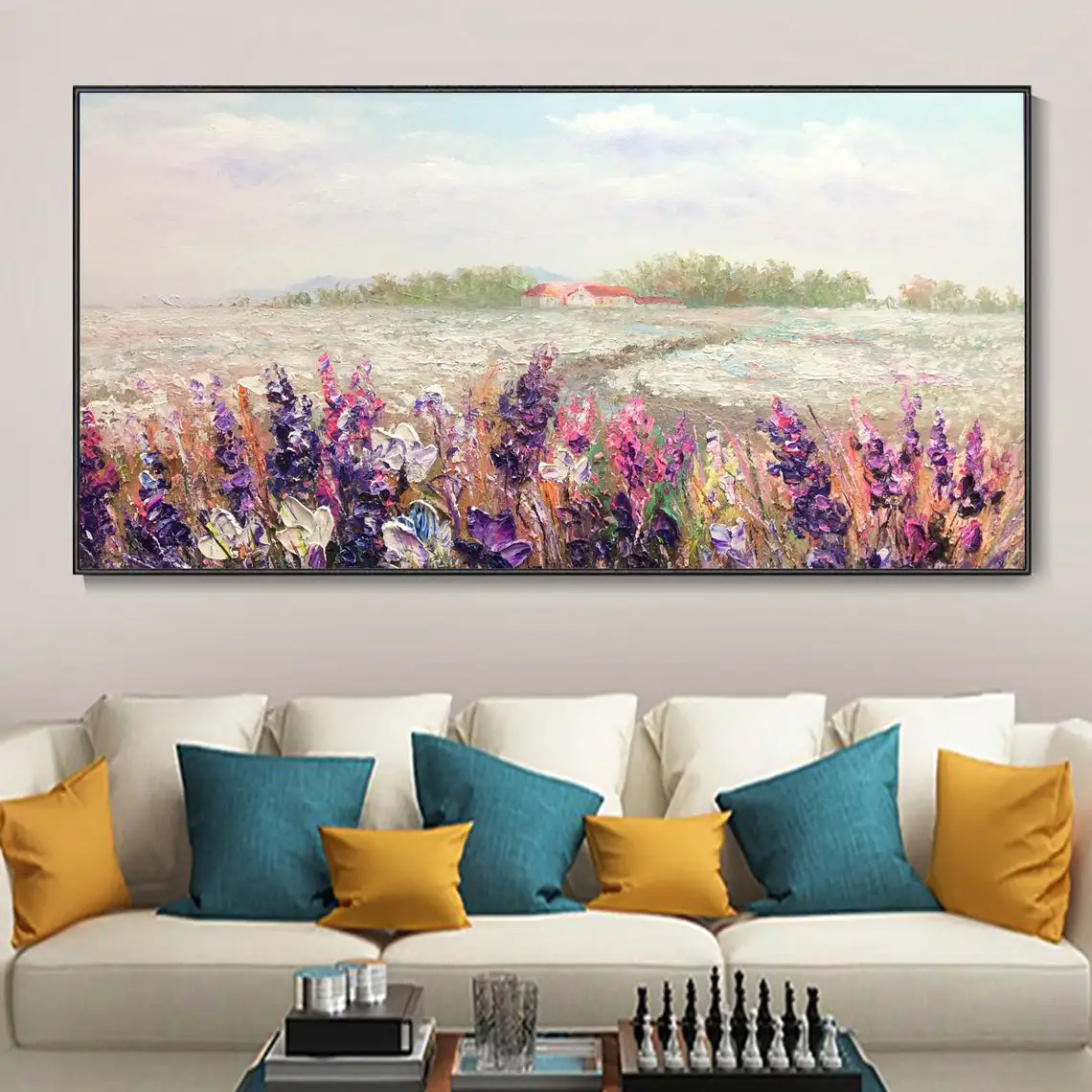 Large Abstract Landscape Oil Painting Handmade Pastoral Painting Flower Textured Hand Painted On Canvas Wall Art For Living Room