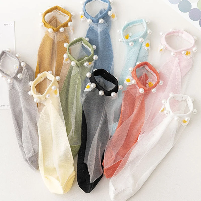 

Summer Crystal Glass Silk Socks Pearl Cotton Bottom Boat Socks Invisible Socks Daisy Flower Women's Cool Short Socks Hot Sale