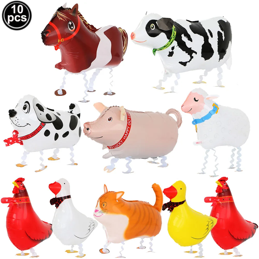 

10pcs Walking Animal Balloons Farm Animal Balloon Birthday Party Decoration Cow Sheep Pig Dog Duck Chick Shape Balloon Toys