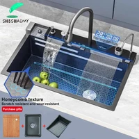 Sink Waterfall Kitchen Sink Large Single Slot Integrated Digital Display Faucet Set Kitchen Utensils Set Cold Hot Water Mixer 1