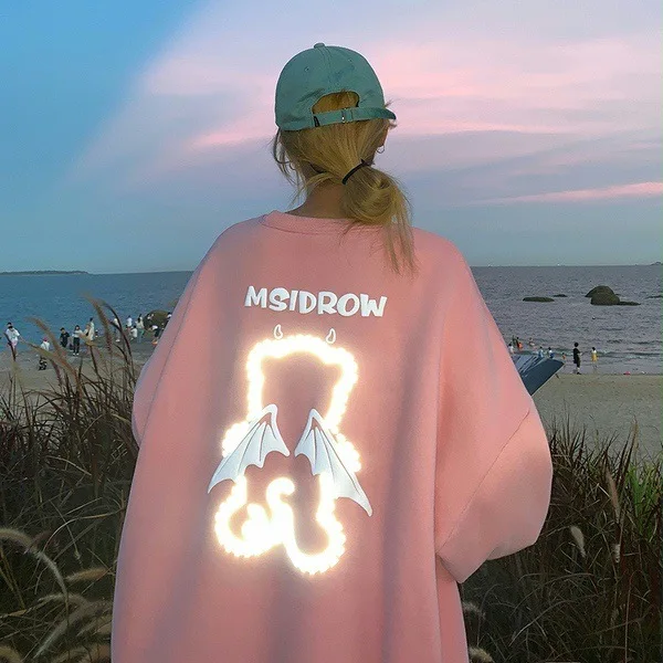 

Women's Sweatshirt Reflective Bear Couple Clothes Korean Fashion Autumn Casual Pullovers O-Neck Loose Harajuku Oversized Hoodie
