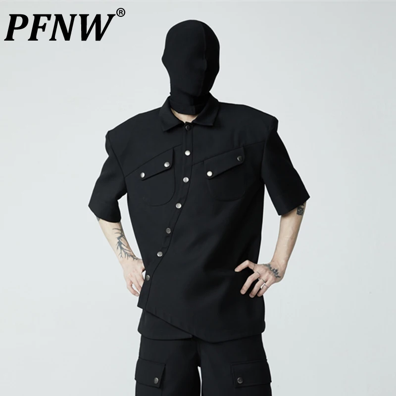 

FRKM New Men's T-shirt Short Sleeves Versatile Removable Shoulder Pads Asymmetric Design Clothing Lapel Trendy Casual Top 12C147