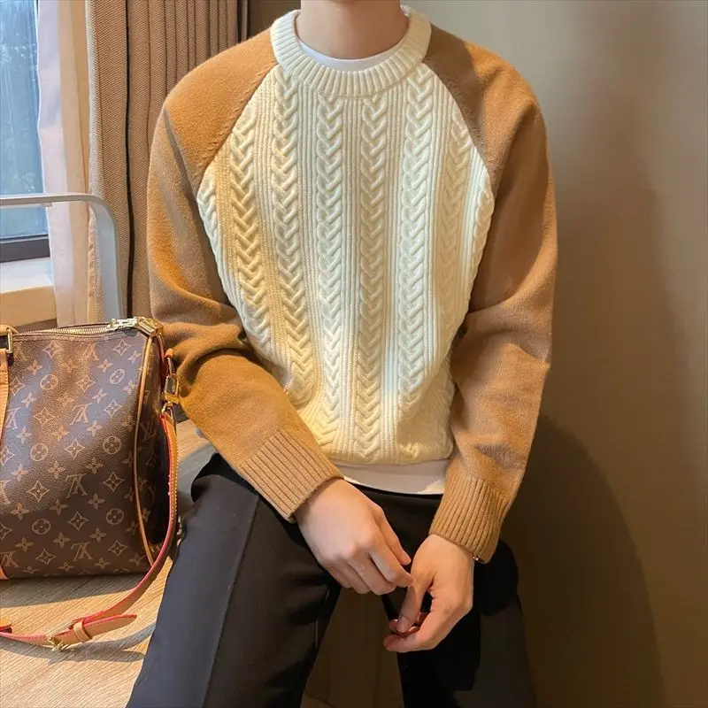 Autumn Winter New Solid Casual Thick Sweater Men's Pullover Printed Pinstripe Round Neck Long Sleeve Trendy Bottom Knitted Tops