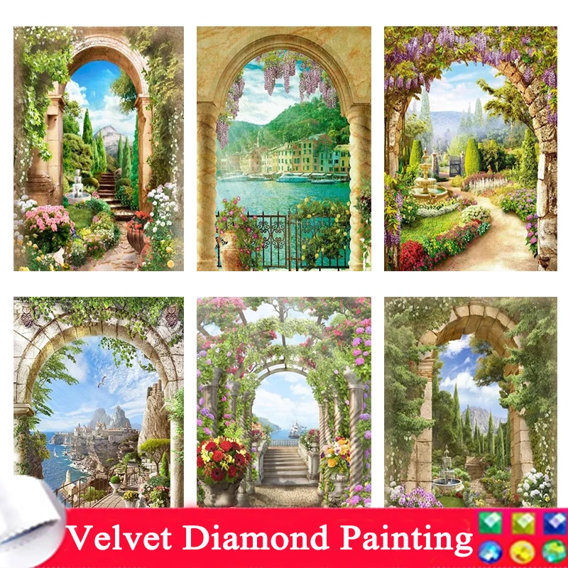 

Diy Seaside Gate Diamond Painting Full Rhinestone Embroidery Natural Scenery Mountains 5D Mosaic Cross Stitch Kits Flowers zy376