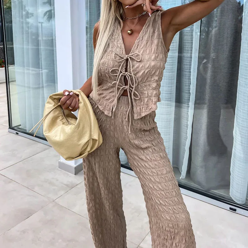 

2024 Sexy Lace Up V-neck Tank Top with Long Pants Suit Fashion Hollow Pleated Women Two Piece Set Casual High Street Slim Outfit