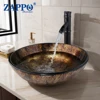 ZAPPO Bathroom WashBasin Round Tempered Glass Vessel Sink Faucet Set Bathroom Glass Basin Faucets Combo Waterfall Mixer Tap 1