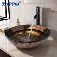 ZAPPO Bathroom WashBasin Round Tempered Glass Vessel Sink Faucet Set Bathroom Glass Basin Faucets Combo Waterfall Mixer Tap 1