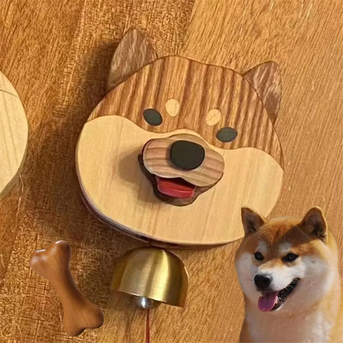 A04R-Wooden Shiba Inu Wind Chime Doorbell, Hanging Decoration Wind Chime, Wood Products Doorbell Shiba Inu Doorbell