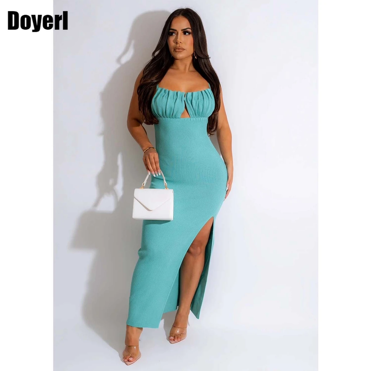 

Women Summer Ribbed Long Dresses Bodycon Split Leg Ruched Tight Spaghetti Strap Bandage Party Dresses Backless Sexy Dress Club