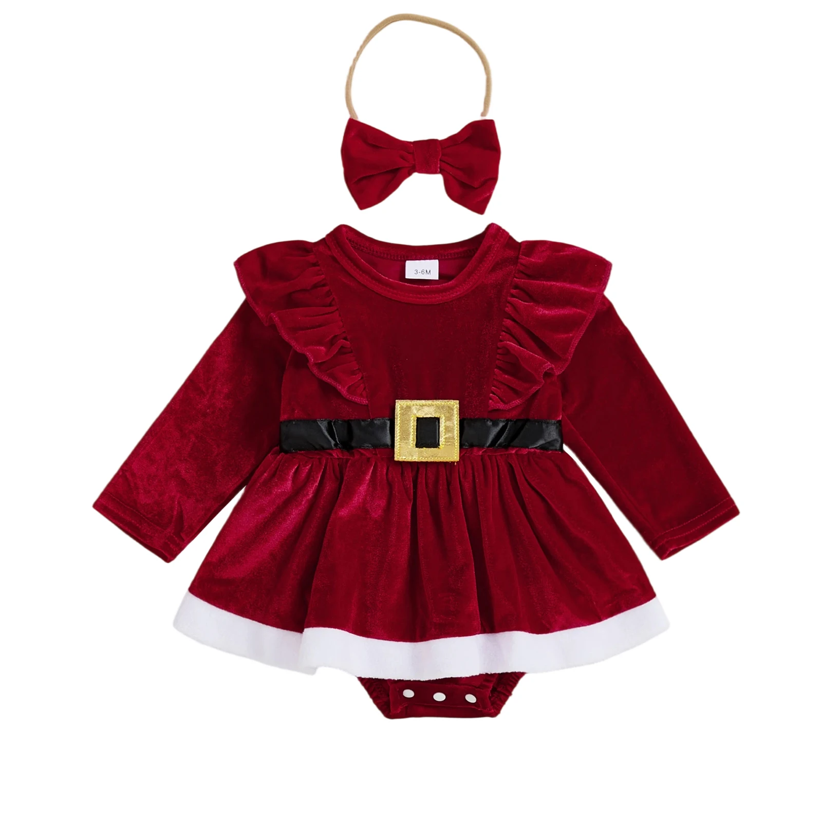 Adorable Christmas Toddler Girls Velvet Romper Dress with Ruffled Sleeves and Matching Bow Headband - Festive 2 Piece Set for