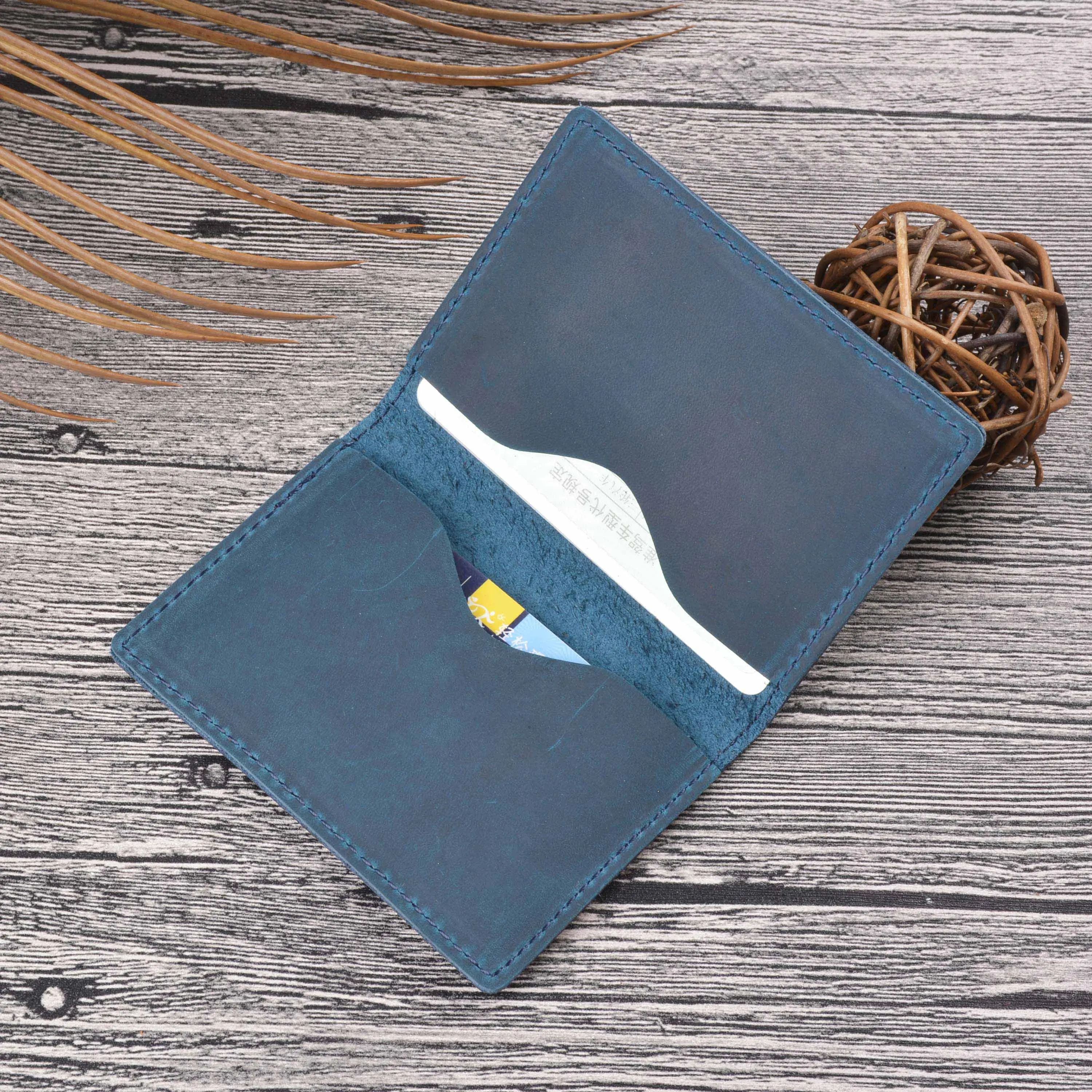 German Crazy Horse Leather Top-Grain Cowhide Slim Card Wallet-Minimalist Handmade Vintage Style Genuine Leather Card Holder wi