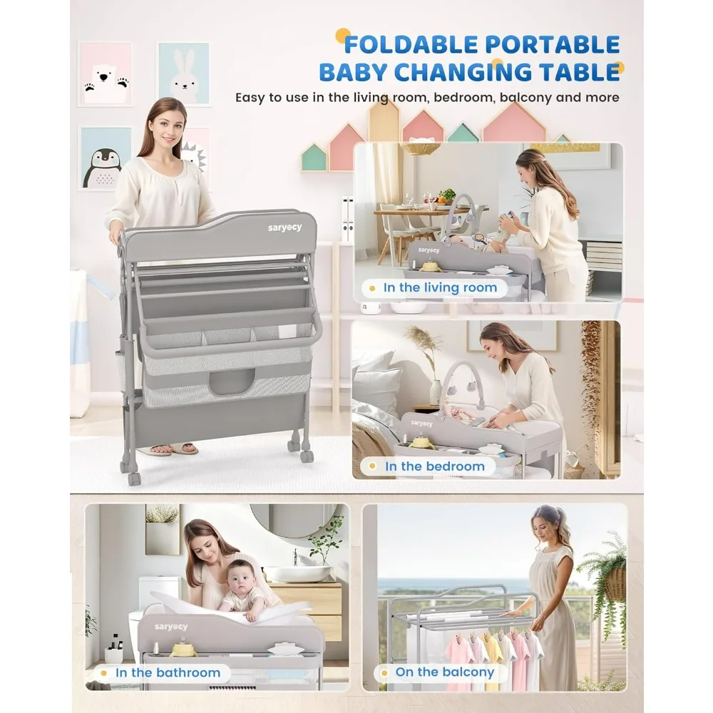Portable Folding Diaper Changing Table with Waterproof Surface and Adjustable Height, Featuring 2 Storage Drawers for Baby Care
