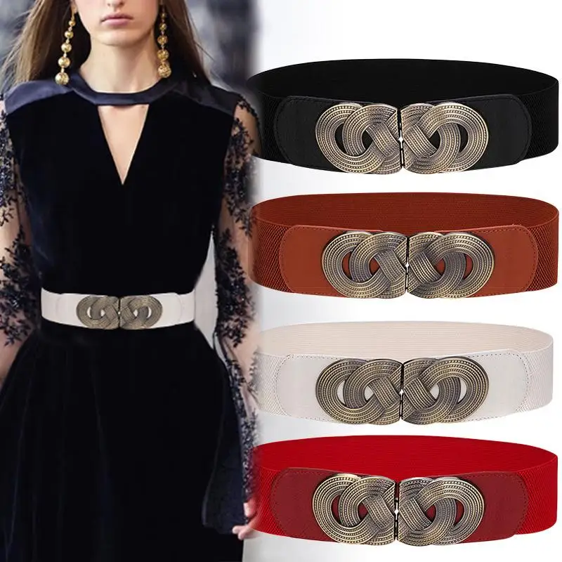 

Vintage Metal Buckle Women Belt Wide Elastic Band Waist Belt Elegant Cummerbunds Dress Decorative Waistband Fashion Waist Seal