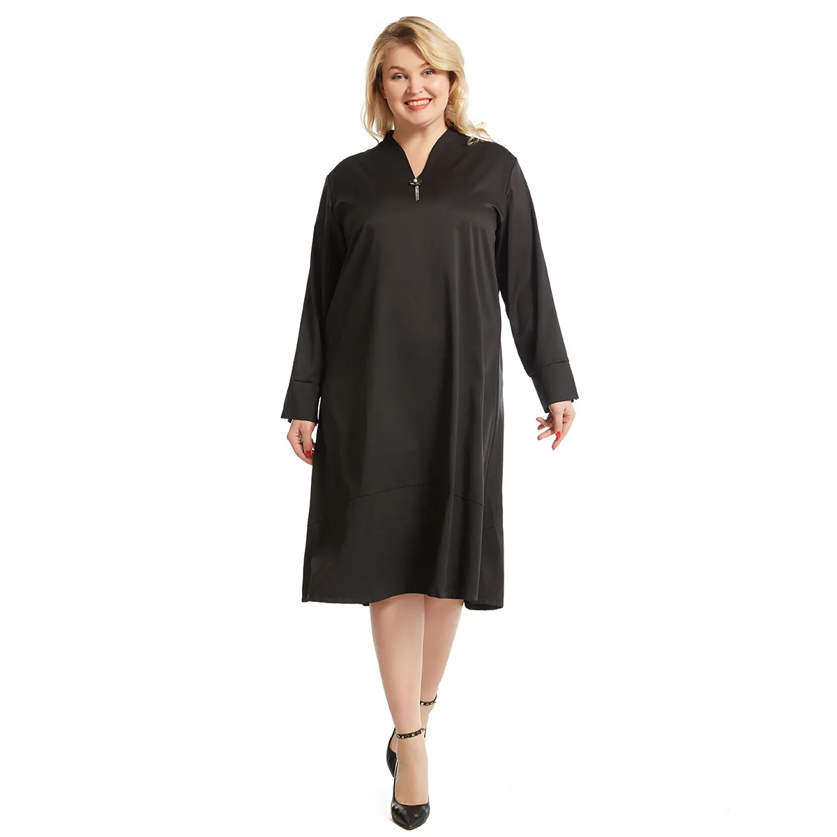 

Женская одежда, однотонные элегантные свободные платья с V-образным вырезом, средней длины