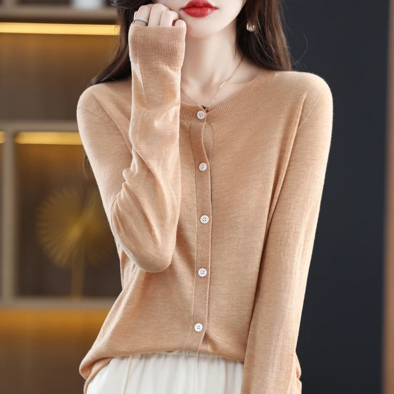 

Spring And Summer All-Match Knitted Cardigan Women's Solid Color Round Neck Jacket Thin Sweater Buttoned Long-Sleeved Outer Top