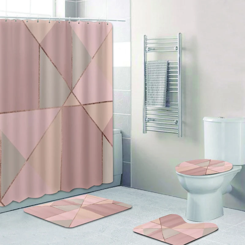 Trendy Faux Rose Gold Foil Peach Blush Stripes Geometric Shower Curtain
