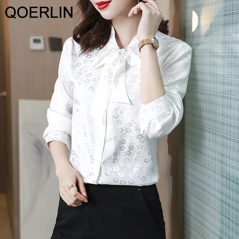 QOERLIN Women Pink Satin Shirt Jacquard Silk Shirt Long Sleeve Single-Breasted Blue Blouse Office Ladies Elegant Tops blouses lace splicing hollow out blouse in blue size s