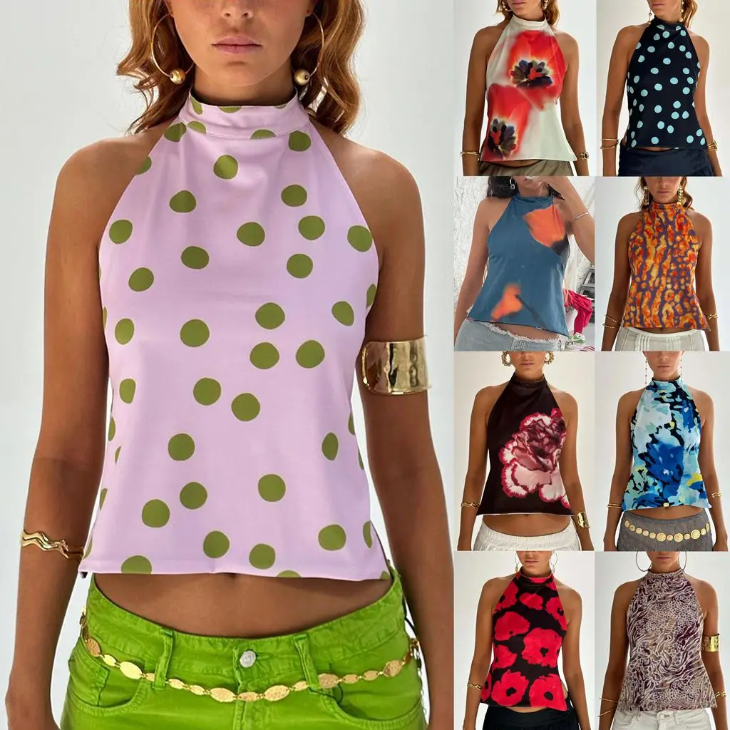 Combhasaki Y2K pour femmes, fermeture à boutons, col licou, haut court, sans manches, dos nu, points esthétiques/Tie-teinture, imprimé floral, gilets d'été