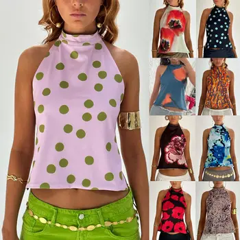 Combhasaki Y2K da donna con chiusura a bottoni, scollo all'americana, top corto senza maniche, senza schienale, pois estetici/cravatta con stampa floreale 1