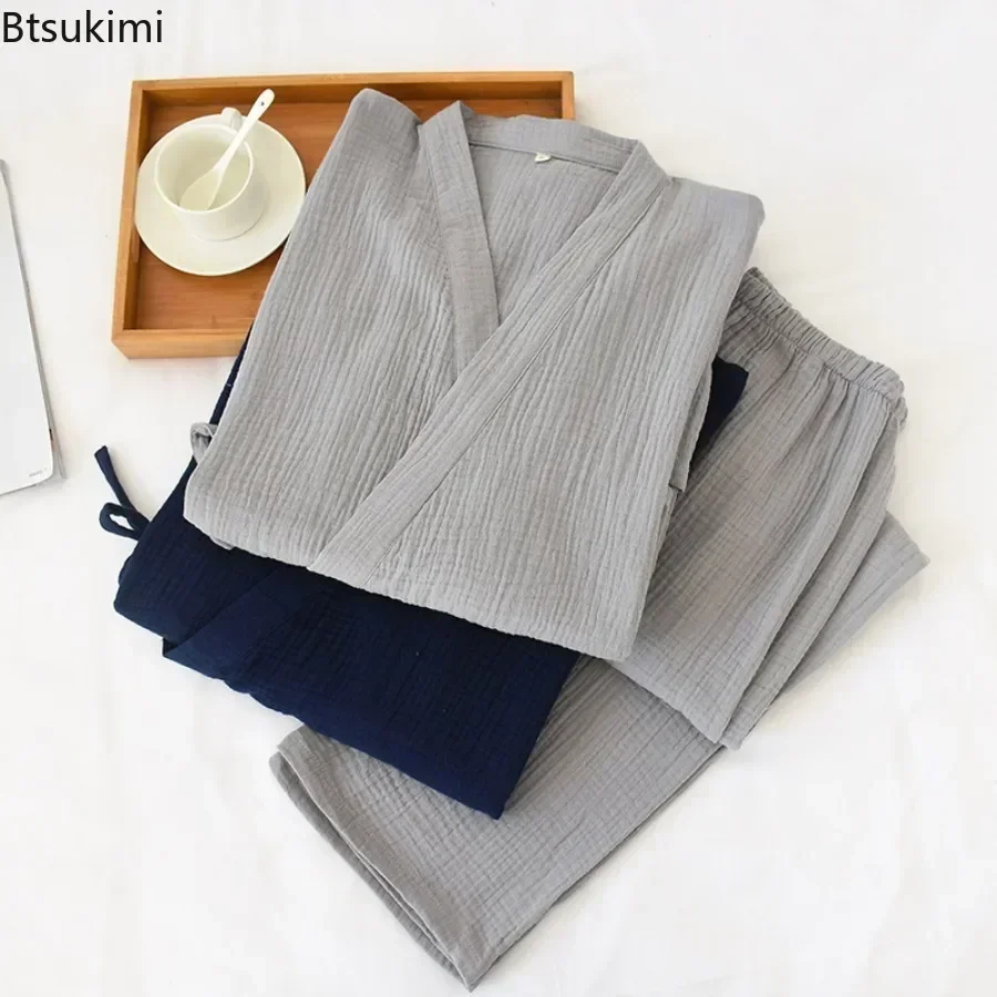 Pajama Sets Japanese Kimono Men's Solid Pajamas Two-pieces Simple Cotton Crepe Cloth Plus Size Lace-up Tops Trousers Home Service Sets