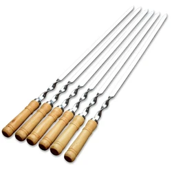 Large Stainless Steel BBQ Skewer with Wooden Handle - Reusable Outdoor Cooking Tool (6pcs)