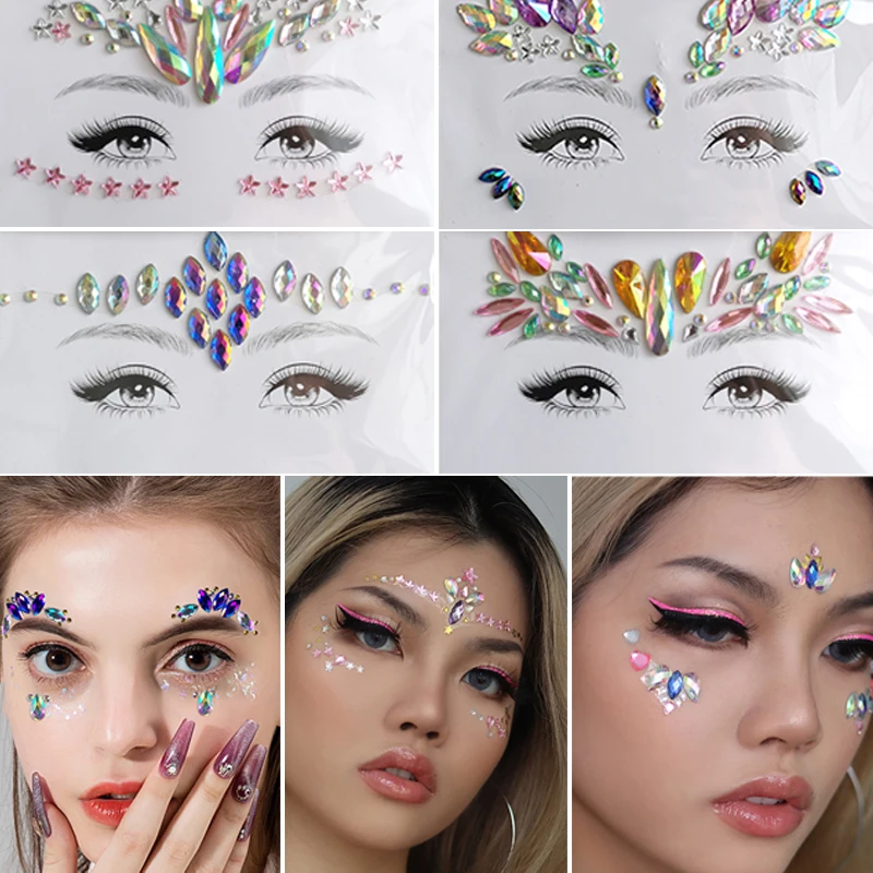 3D Face Gems Jewels Sticker Rhinestone Glitter Temporary Tattoos