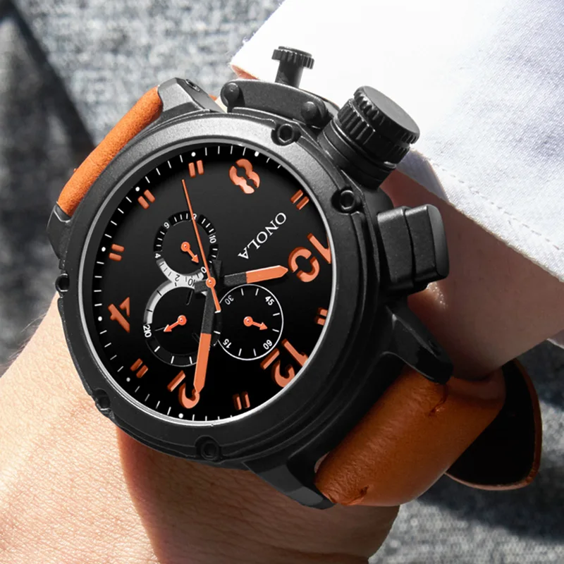 

ONOLA Automatic Mechanical Watch Men 2020 Luxury Big Dial Leather Wristwatch Fashion Casual Sports Cool unique relogio masculino