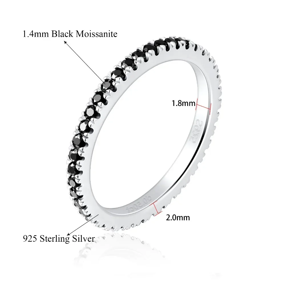 여성을위한 1.4mm 블랙 Moissanite 반지 S 웨딩 밴드 18K 화이트 골드 도금 실험실 다이아몬드 반지 파인 쥬얼리